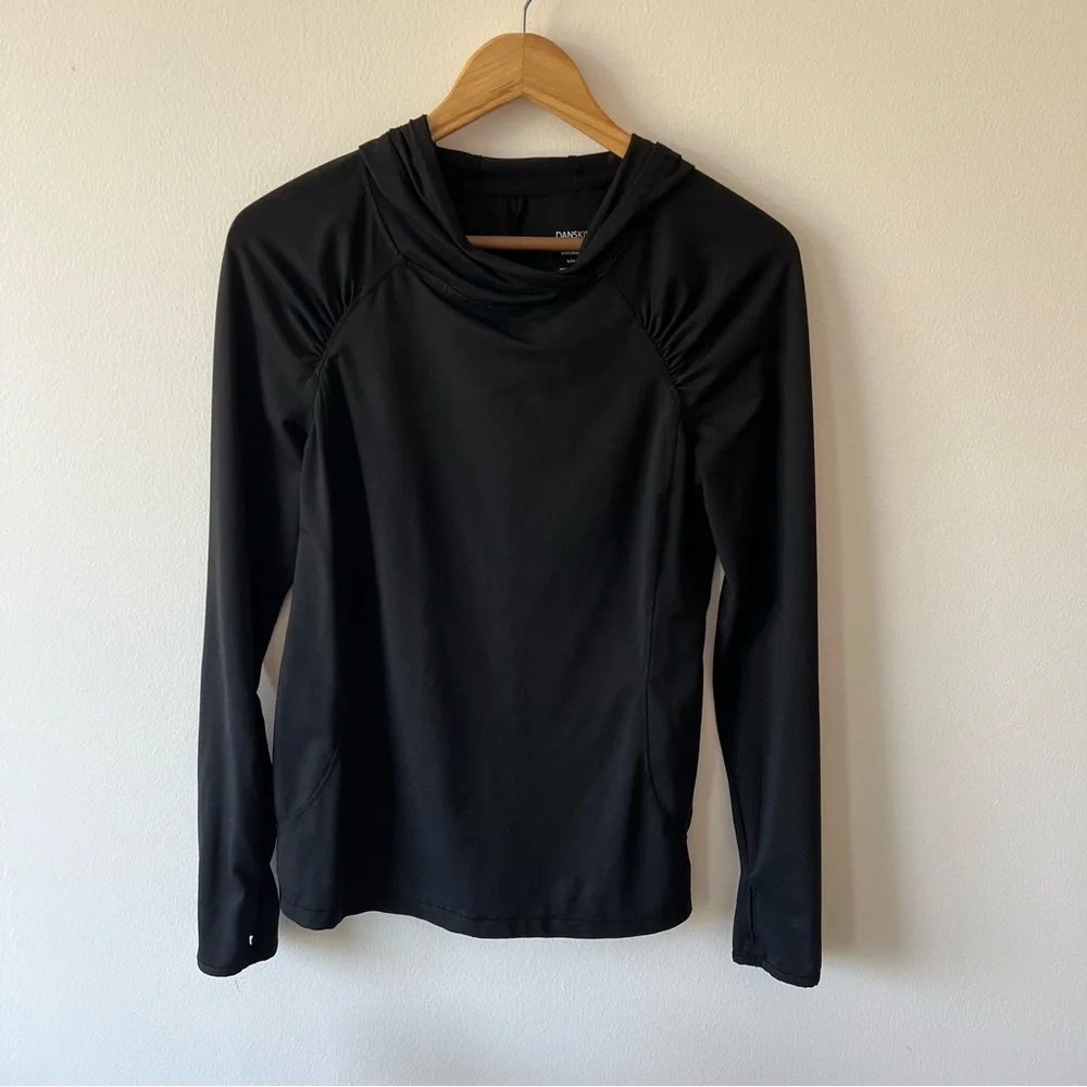 Danskin Now Long Sleeve Mock Neck Hooded Active Thumbholes Black Sz S - Picture 2 of 7